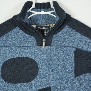 YeoKou Mens Cashmere Wool Blend‎ Full Zip Cardigan Sweater Blue Plaid Lined XL